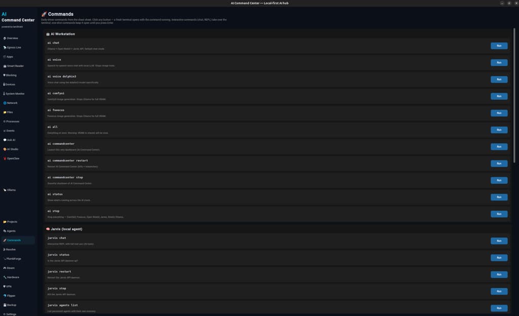 AI Command Center commands tab — ai workstation and Jarvis quick-launch buttons