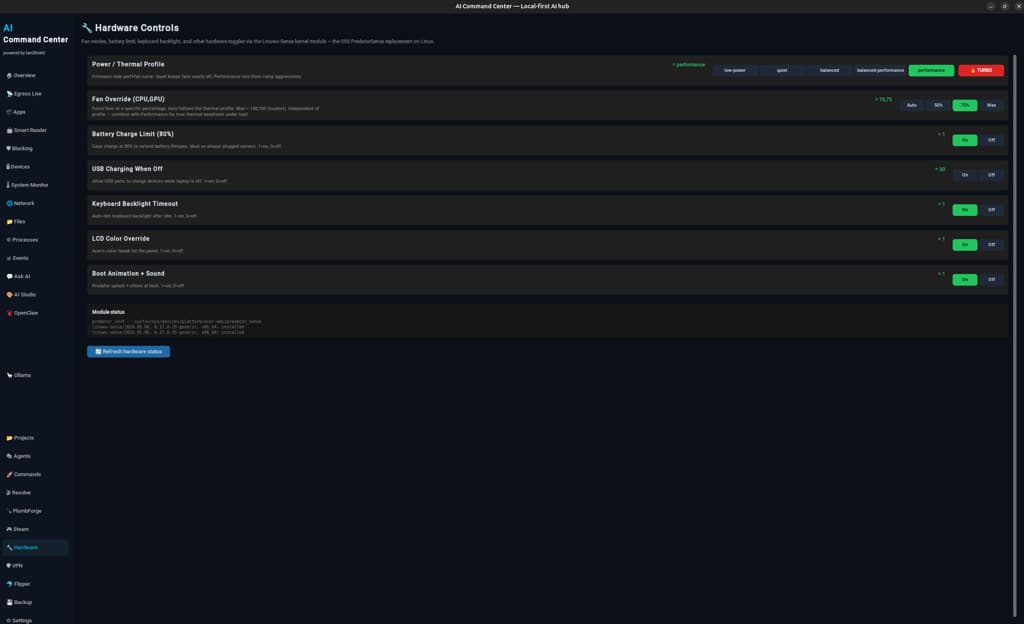 AI Command Center hardware controls — thermal profile, fan override, and battery limits